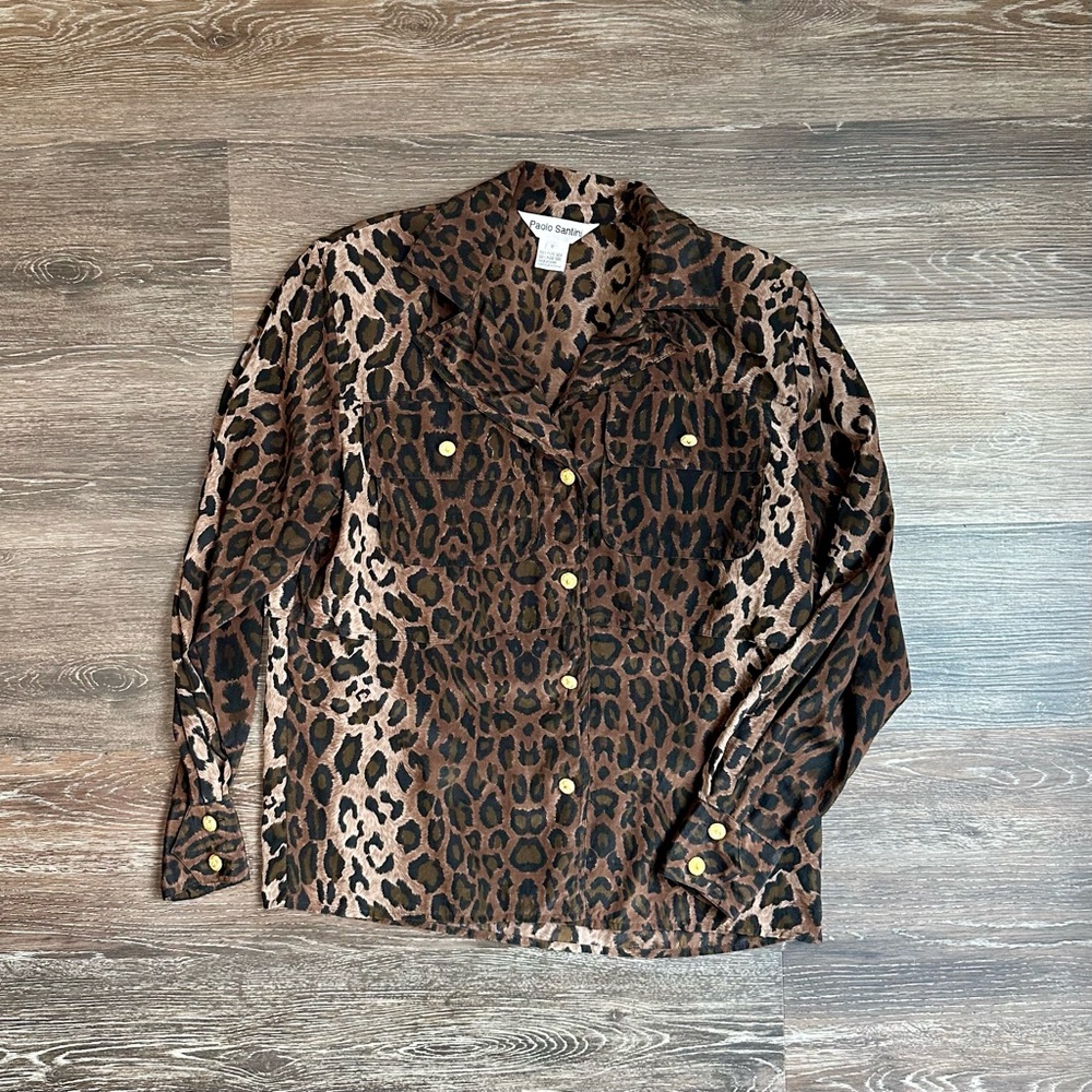 Paolo Santini Vintage 100% Pure Silk Leopard Print Button Down Blouse Size 8